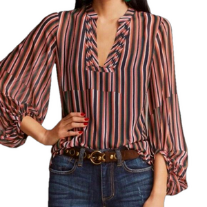 CABI Orange Green Striped Sheer Chiffon Ultimate Blouse Long Sleeve Pullover Top